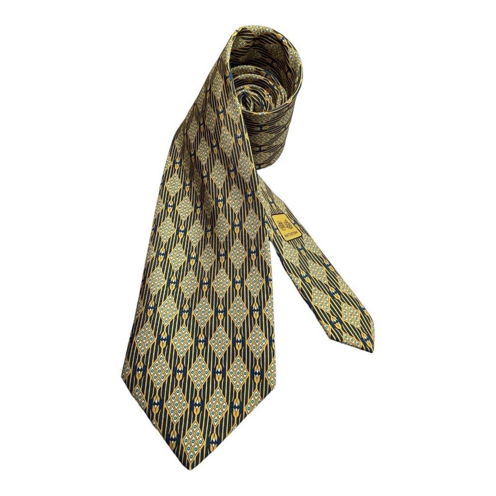 BATTISTONI BAT 1024 Yellow Geometric Luxury Silk Tie Made Japan W: 3.5" EX COND
